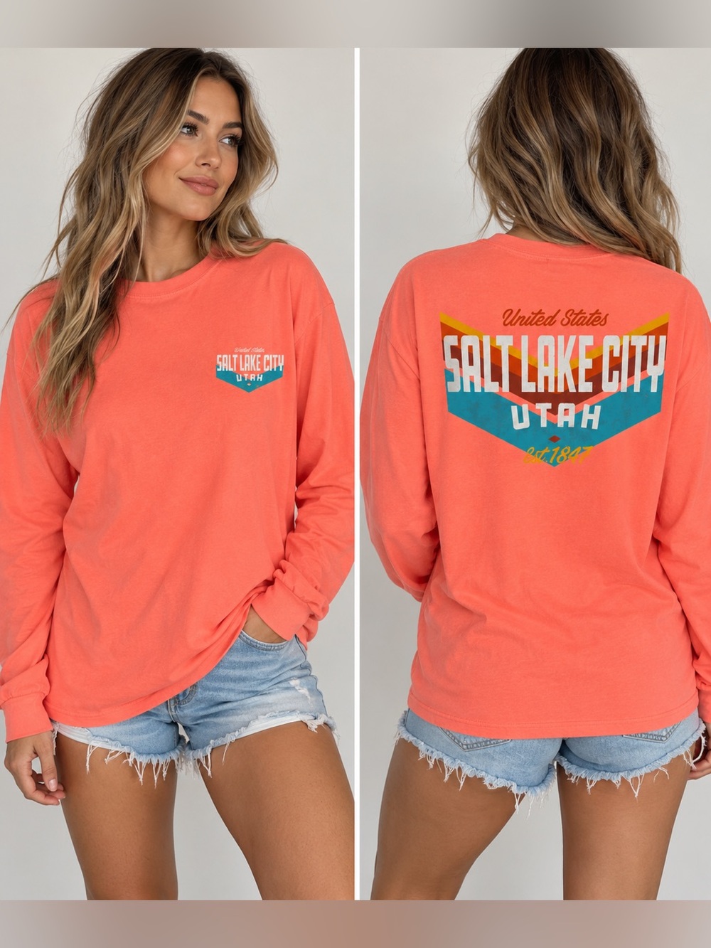 Salt Lake City Utah Long Sleeve Graphic Shirt XL Coral NWOT